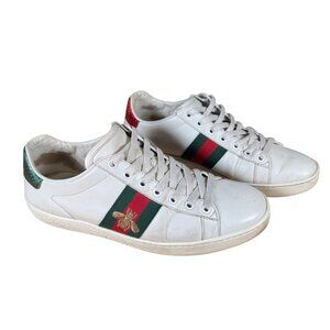 Gucci Bee Embroidered Ace Sneakers White Leather Low Top Shoe Size 38.5